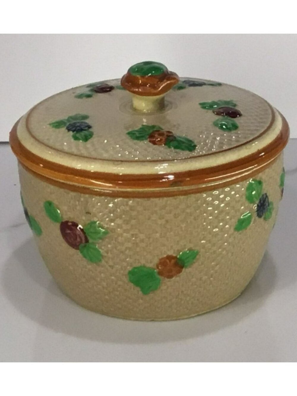 Antique Majolica Hand Painted Sugar bowl / Lidded Trinket Box/ Biscuit Jar - Picture 6 of 13